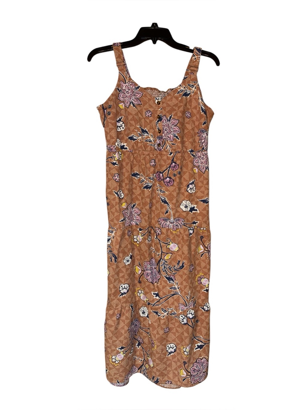 Sonoma Floral Linen Blend Midi Dress XL Brown Boho Tiered Pockets Sleeveless